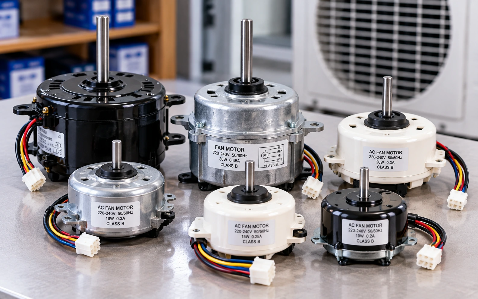 Replacement fan motor for an air conditioner