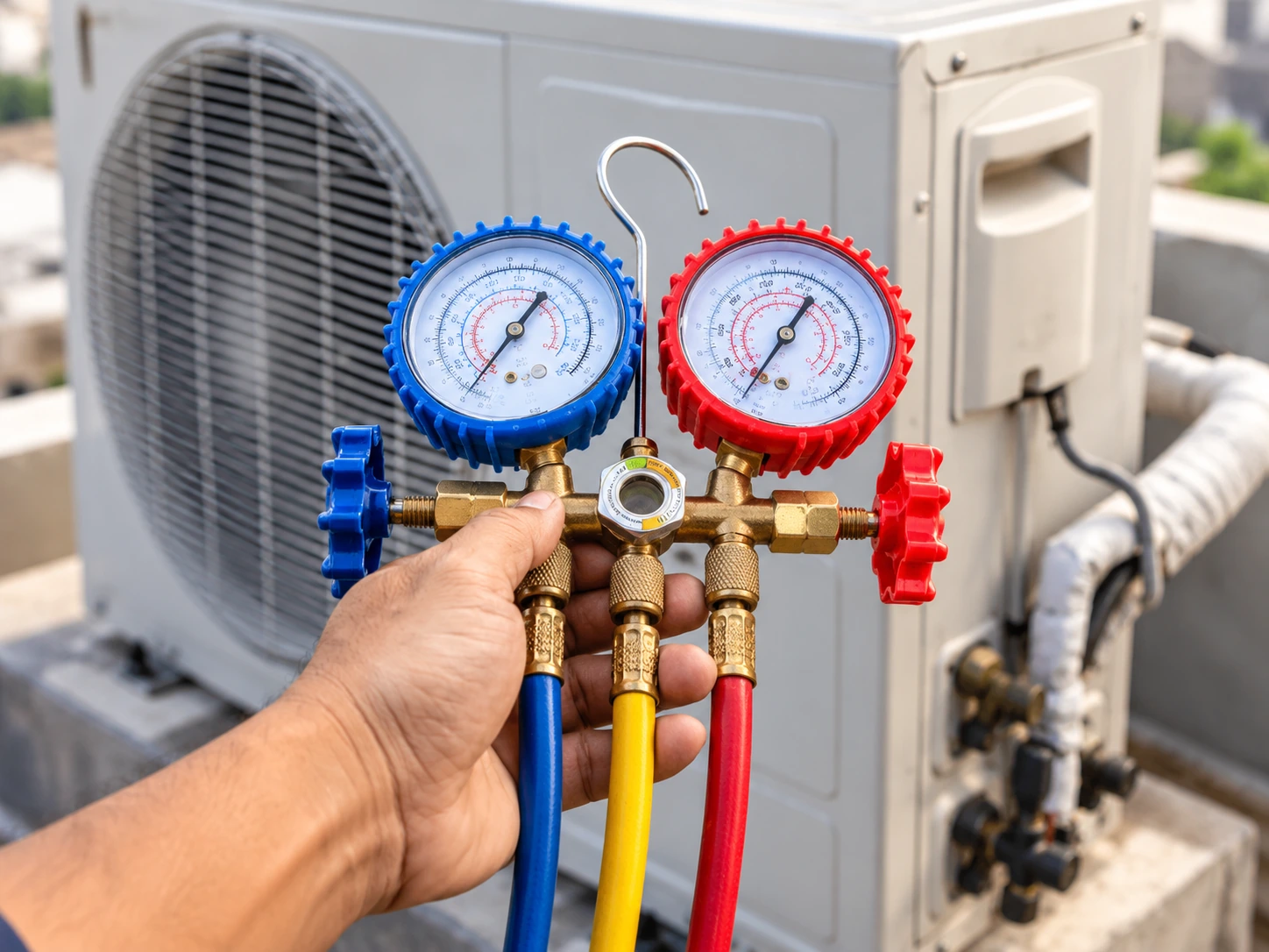 Technician checking refrigerant pressure on an air conditioner