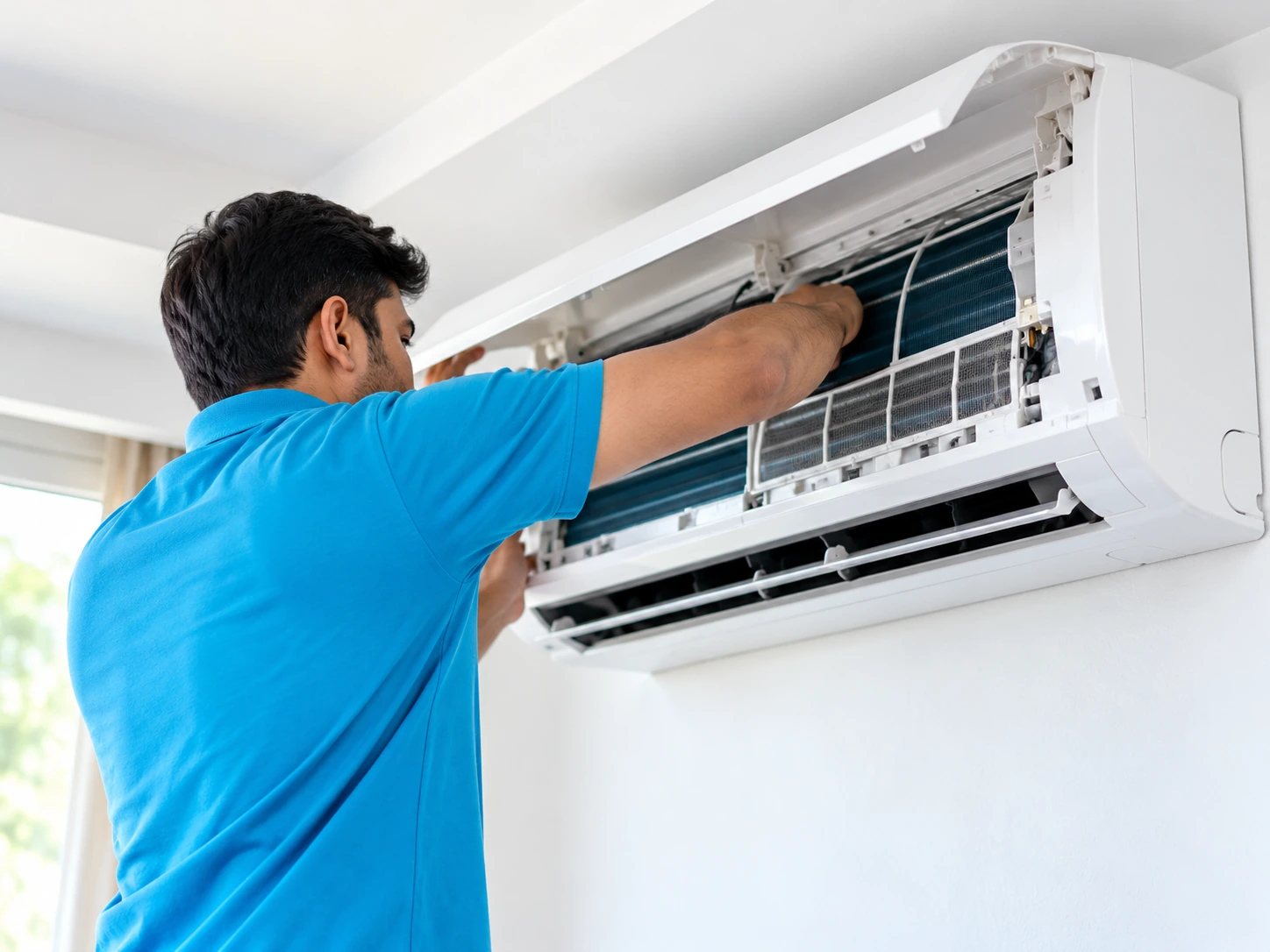 Air conditioner components being checked during maintenance