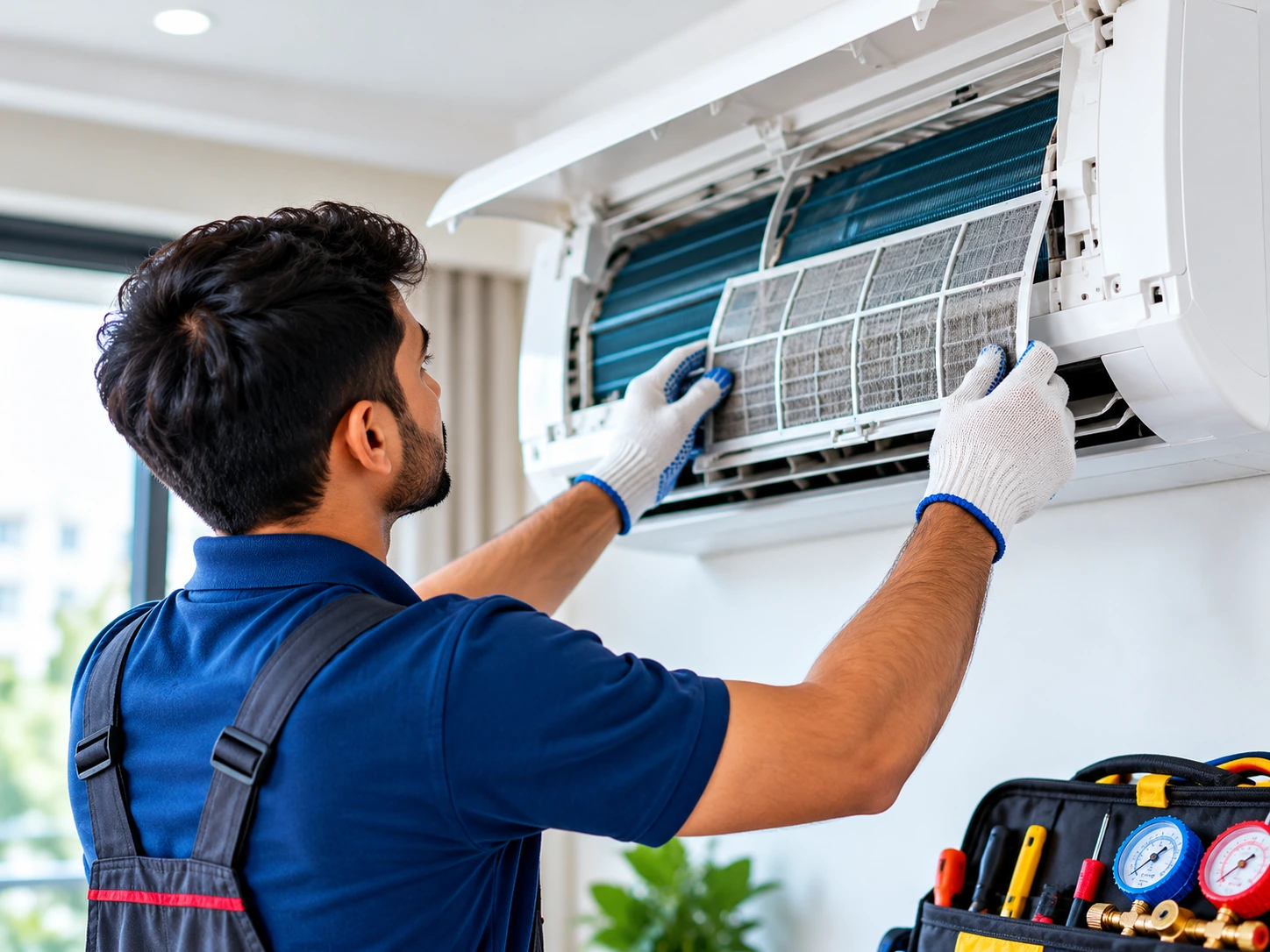 Air conditioner being inspected for repair