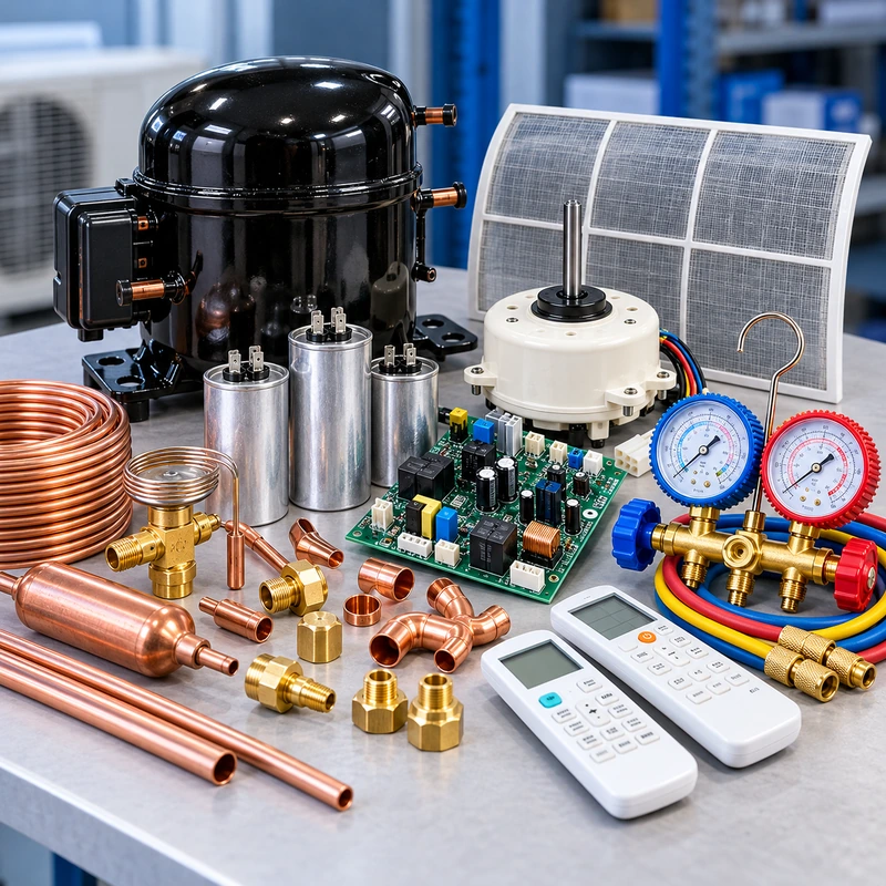 AC spare-parts counter with components at Naaz Air Cool