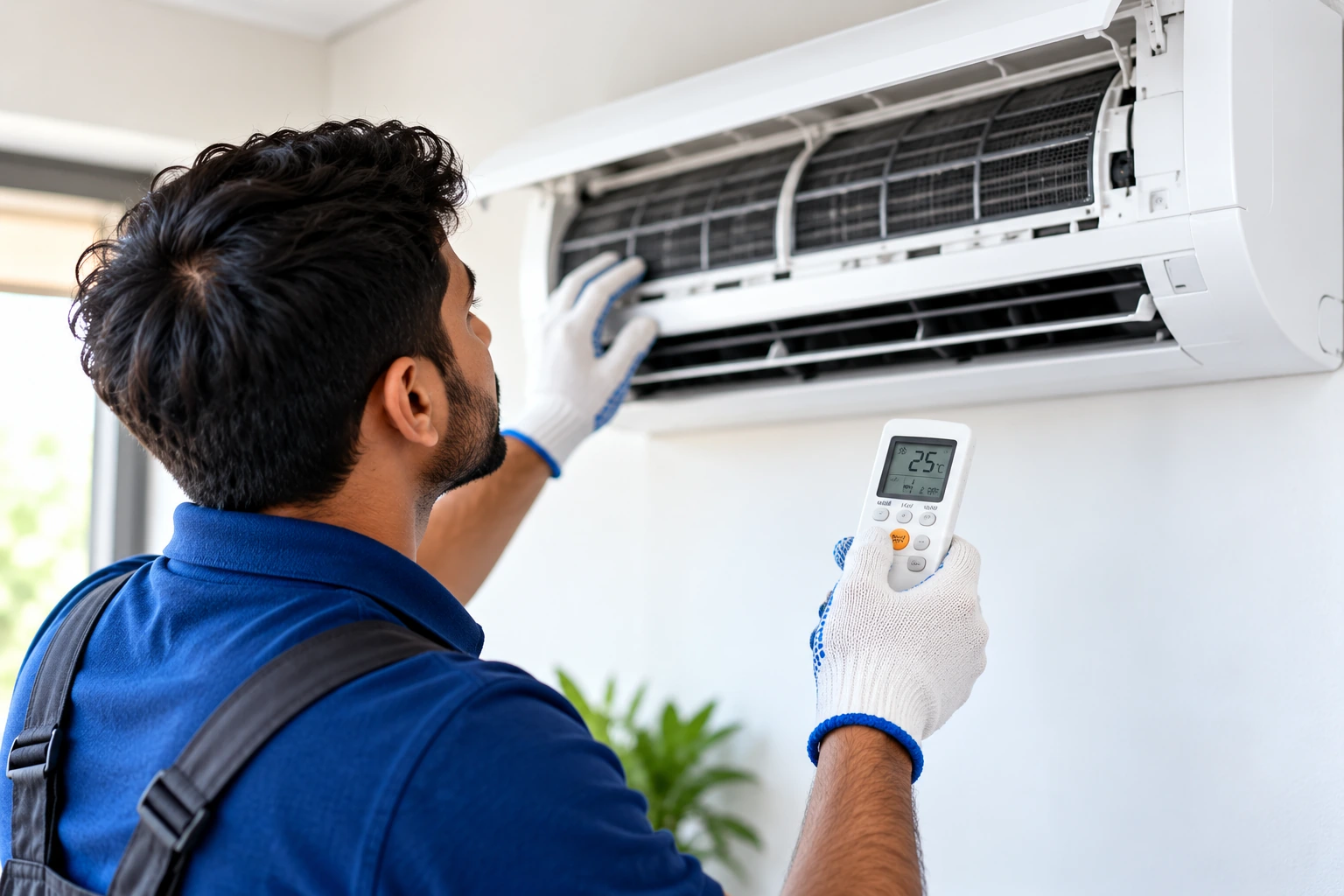 AC technician inspecting an air conditioning unit