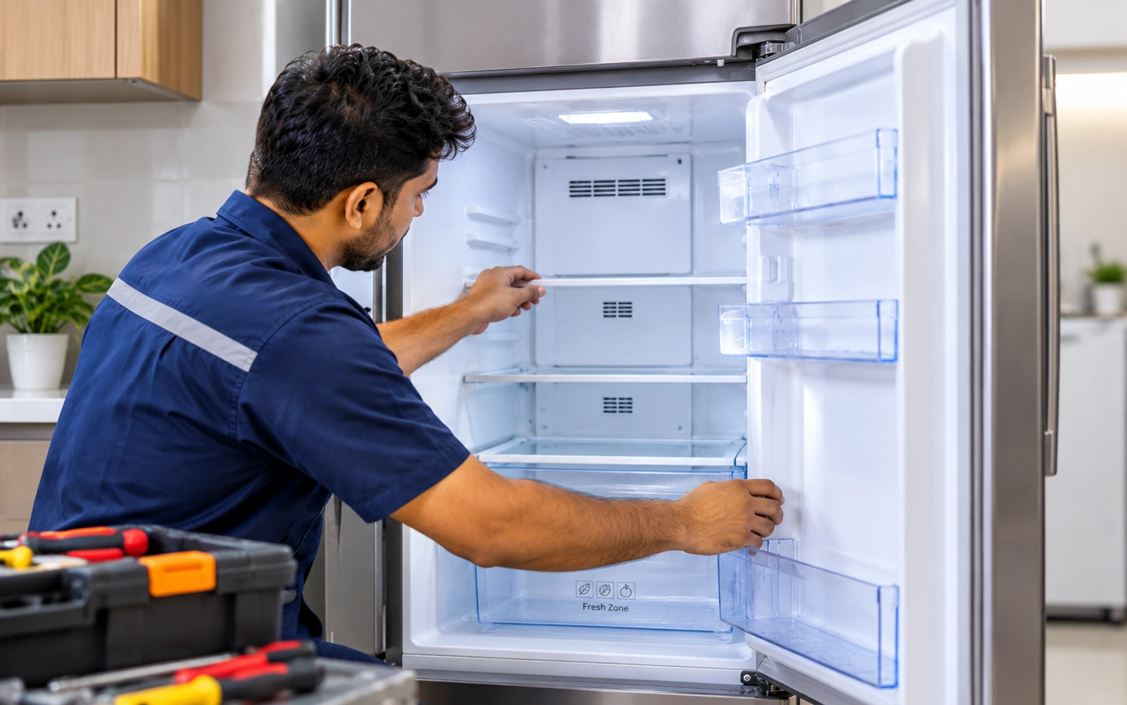 Refrigerator being inspected for a cooling or operation fault