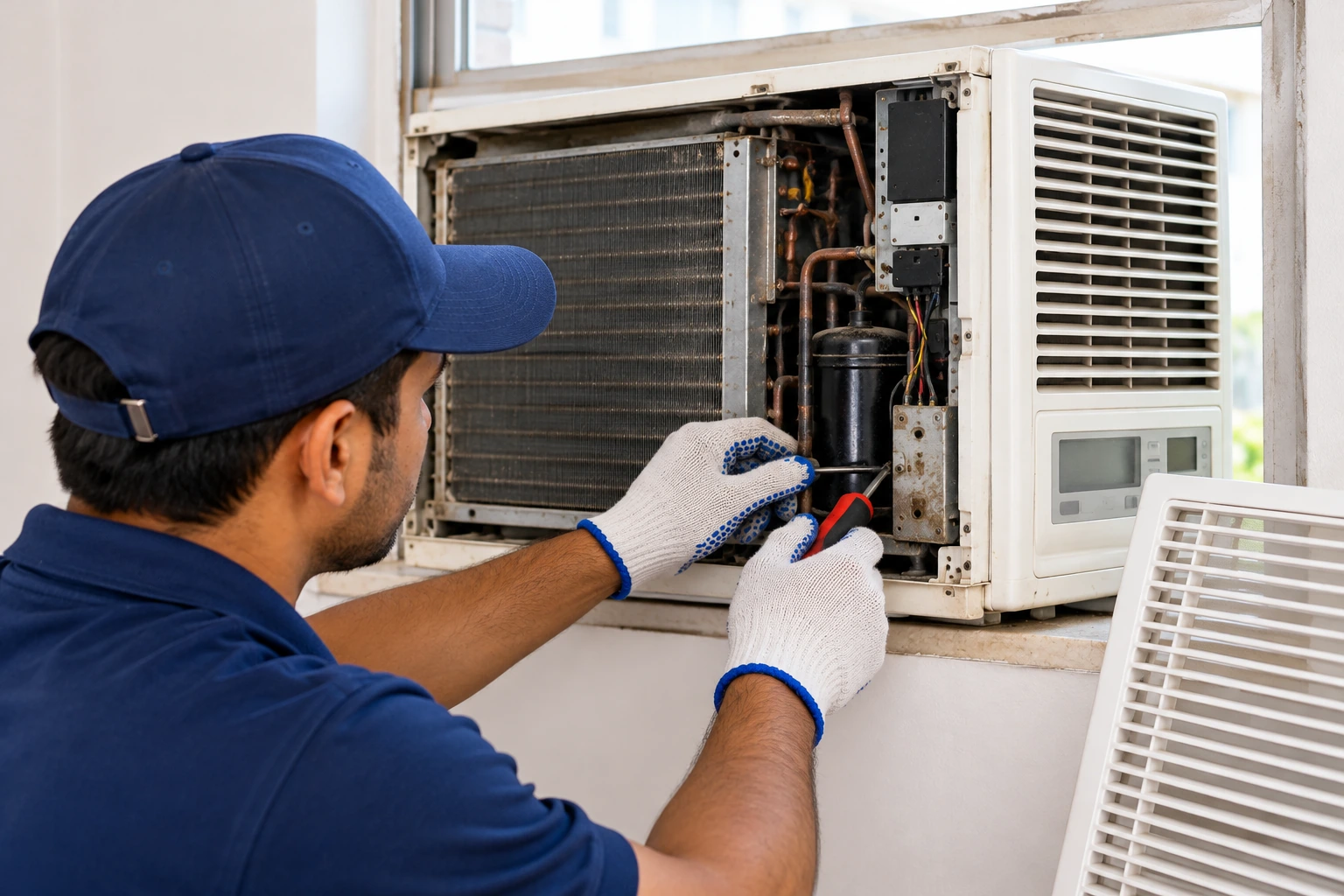 Technician inspecting AC components for faults